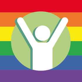 Picture shows the pride flag and an outline of a man with his arms in the air in celebration of pride