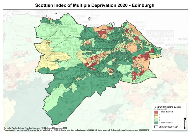 Map Displaying Scottish Index of Multiple Deprivation 2020 quintiles for Edinburgh